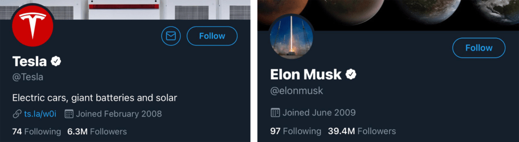 Social media profiles of Elon musk and tesla